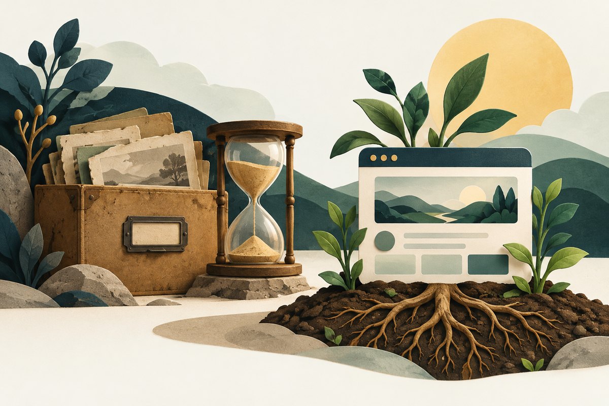 An old archive box and hourglass beside a newly tended website card with healthy roots