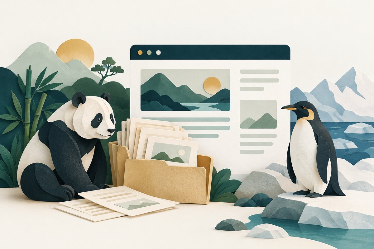Small tasteful paper panda and penguin figures beside an archive folder and a modern clean webpage