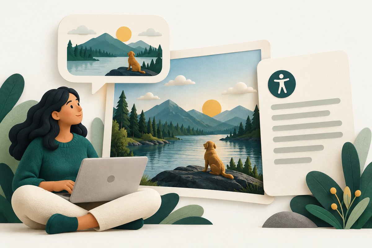A meaningful landscape image tile accompanied by a descriptive speech bubble and an accessibility-friendly document